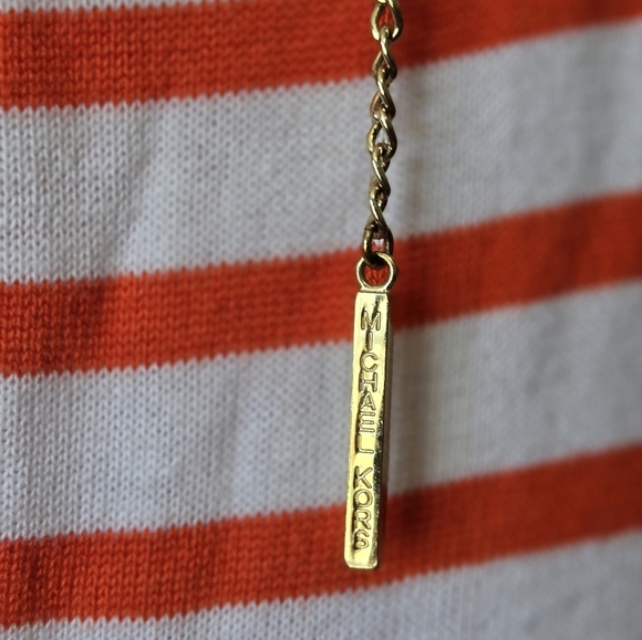 MICHAEL KORS Striped Orange and White Hooded Sweater With Gold Chain. Medium - Picture 4 of 13